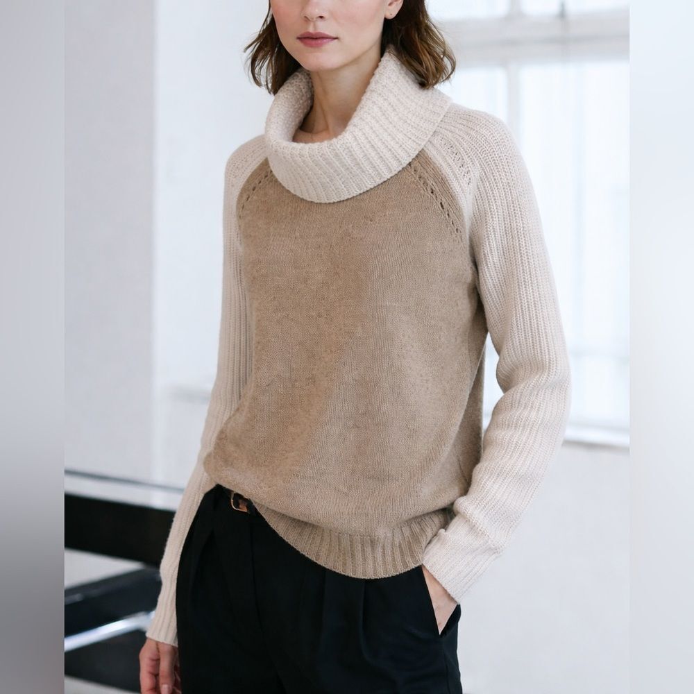Autumn Cashmere Tan and Cream Women's Cowl Neck Sweater Cashmere Wool Soft Cozy